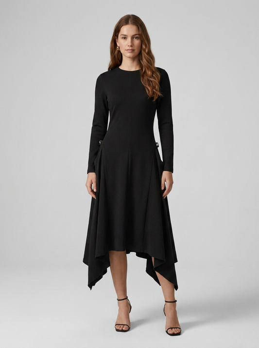 Asymmetric Hem Long Sleeve Dress with Diagonal Neckline and Draped Detail in Black, front view (1 of 2)