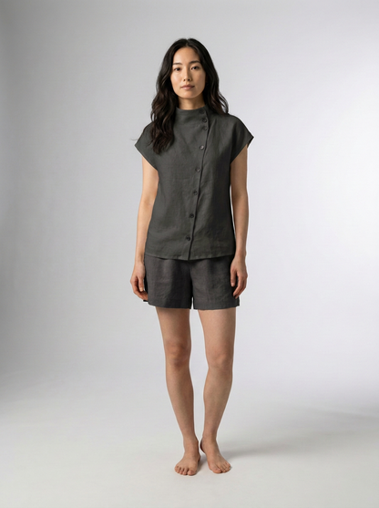 Relaxed Cotton Linen Stand Collar Blouse with Asymmetric Button Detail in Black