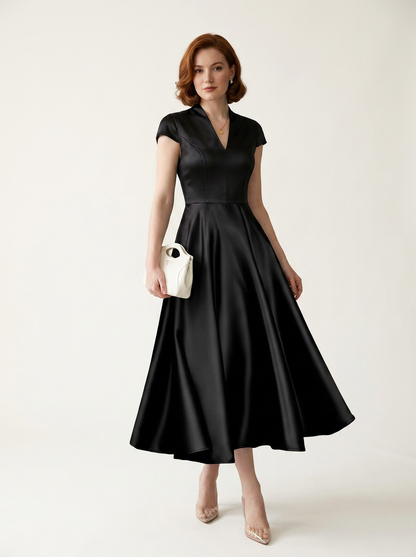 Satin V-Neck Fit and Flare Maxi Party Dress in Black