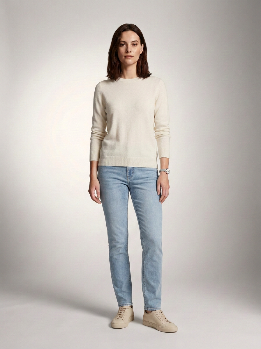Cashmere Crew Neck Sweater Long Sleeve Knitted Pullover in Ivory (1 of 2)