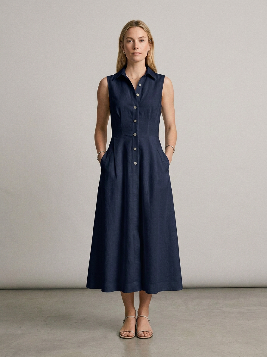 Sleeveless Stand Collar Button-Front Maxi Dress with Pockets in Dark Blue