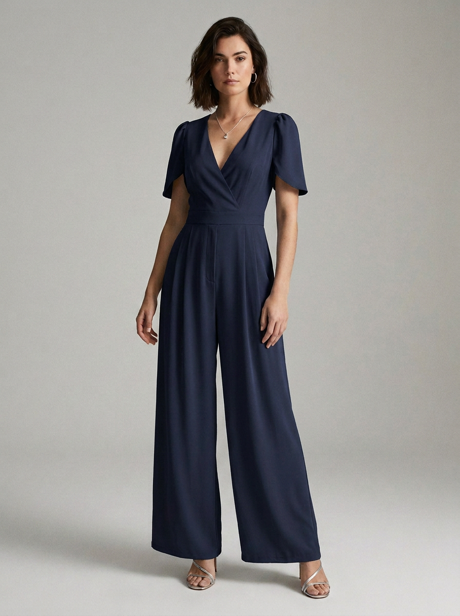 V-Neck Puff Sleeve Wide Leg Jumpsuit with Pockets in Dark Blue