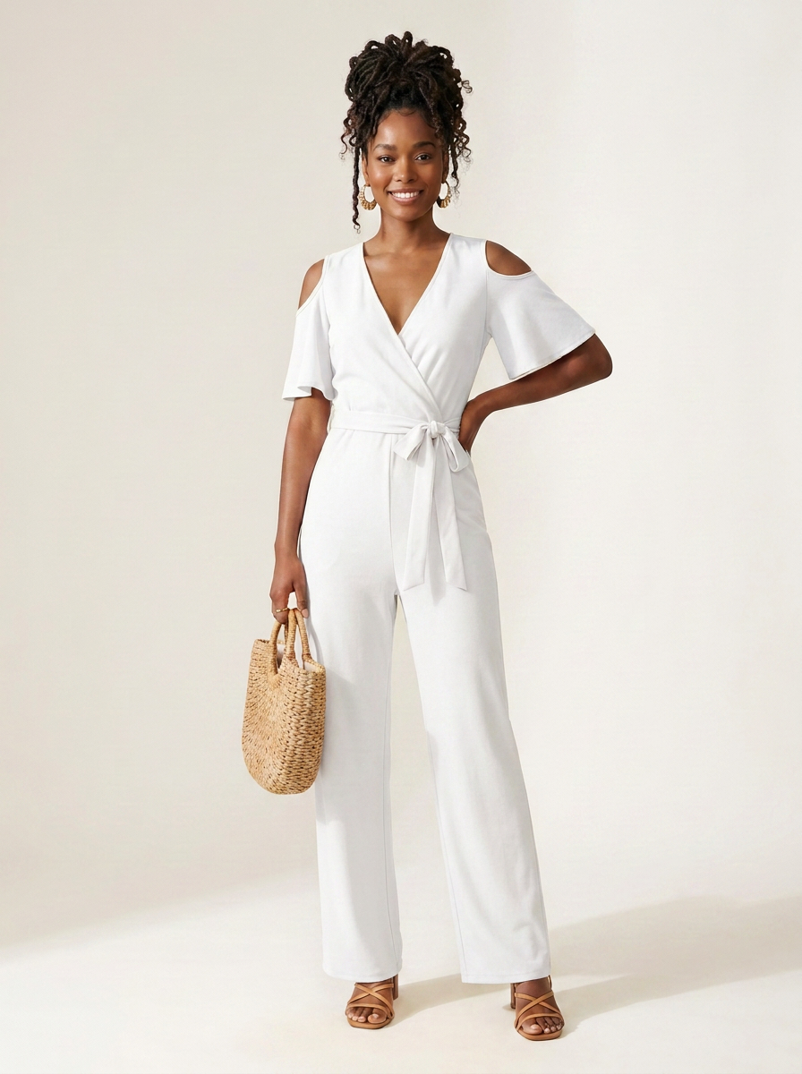 Off-Shoulder Wide Leg Jumpsuit with Wrap V-Neck and Belted Waist in White