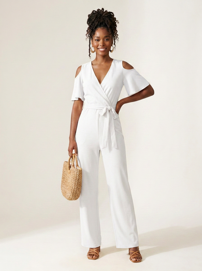 Off-Shoulder Wide Leg Jumpsuit with Wrap V-Neck and Belted Waist in White