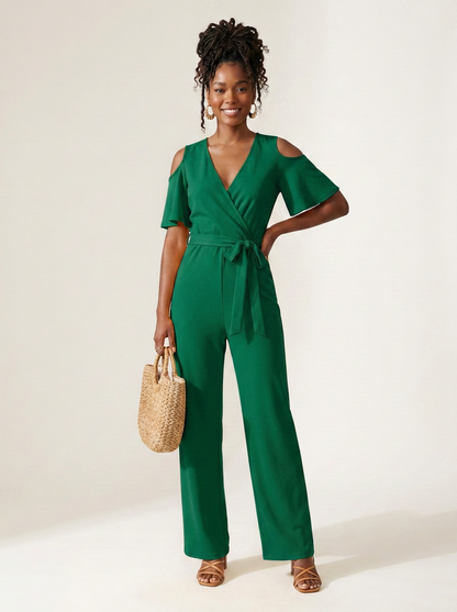 Off-Shoulder Wide Leg Jumpsuit with Wrap V-Neck and Belted Waist in Green