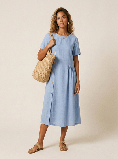 Asymmetric Button Midi Dress with Gathered Skirt and Short Sleeves in Light Blue, front view (1 of 2)