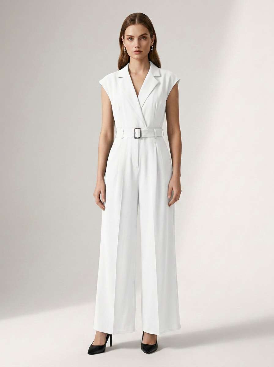 Sleeveless Wide-Leg Belted Jumpsuit with Notched Lapel in White