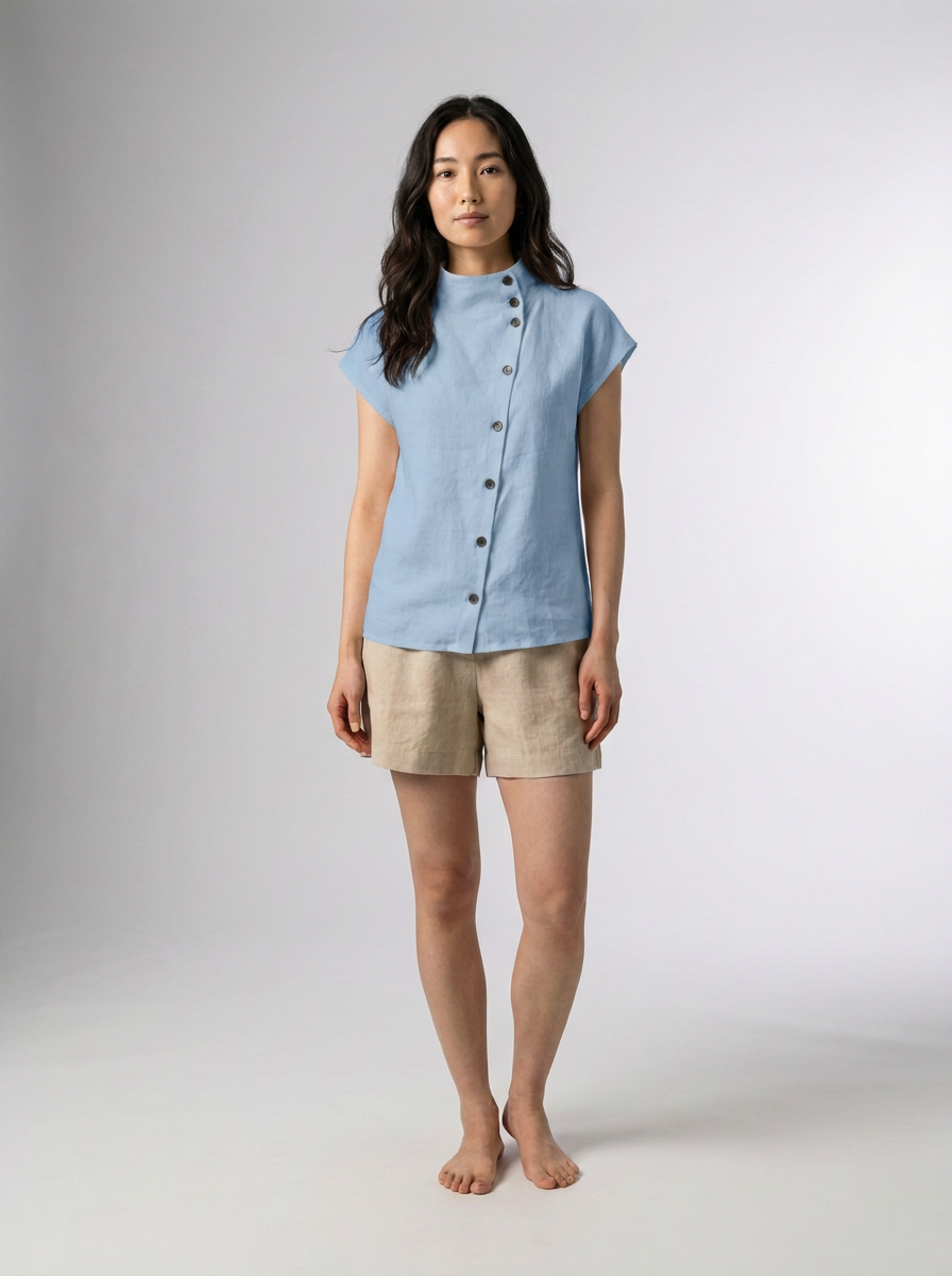 Relaxed Cotton Linen Stand Collar Blouse with Asymmetric Button Detail in Light Blue