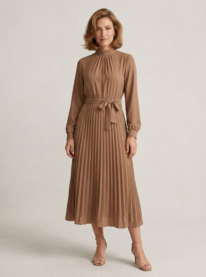 Long Sleeve Pleated Midi Dress with Tie Waist and High Neck in Khaki, front view (1 of 2)