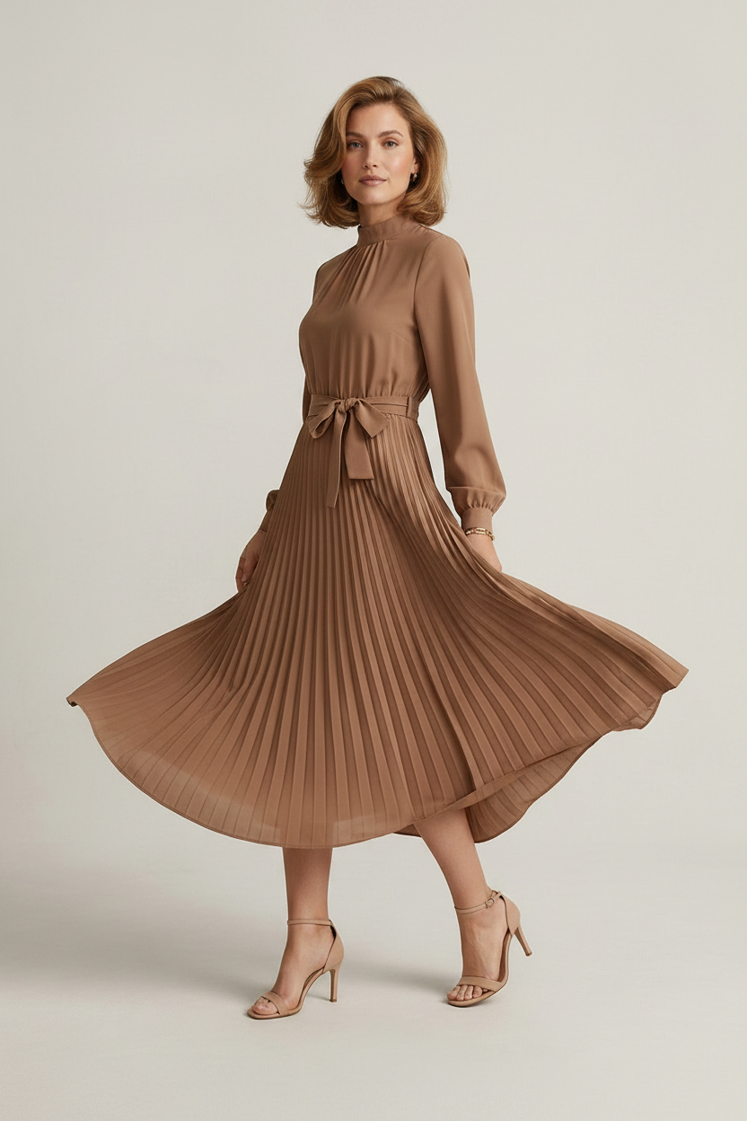 Long Sleeve Pleated Midi Dress with Tie Waist and High Neck