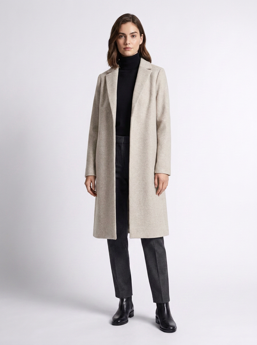 Longline Wool-Look Overcoat with Notched Lapels in Beige