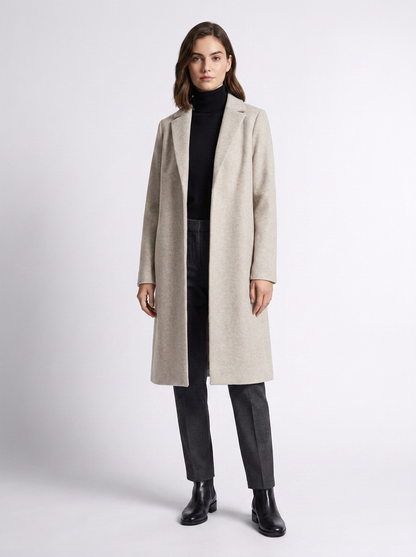 Longline Wool-Look Overcoat with Notched Lapels in Beige