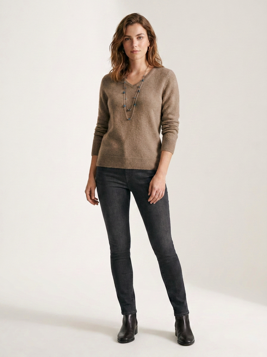 V-Neck Mink-Touch Knitted Pullover Sweater in Dark Camel