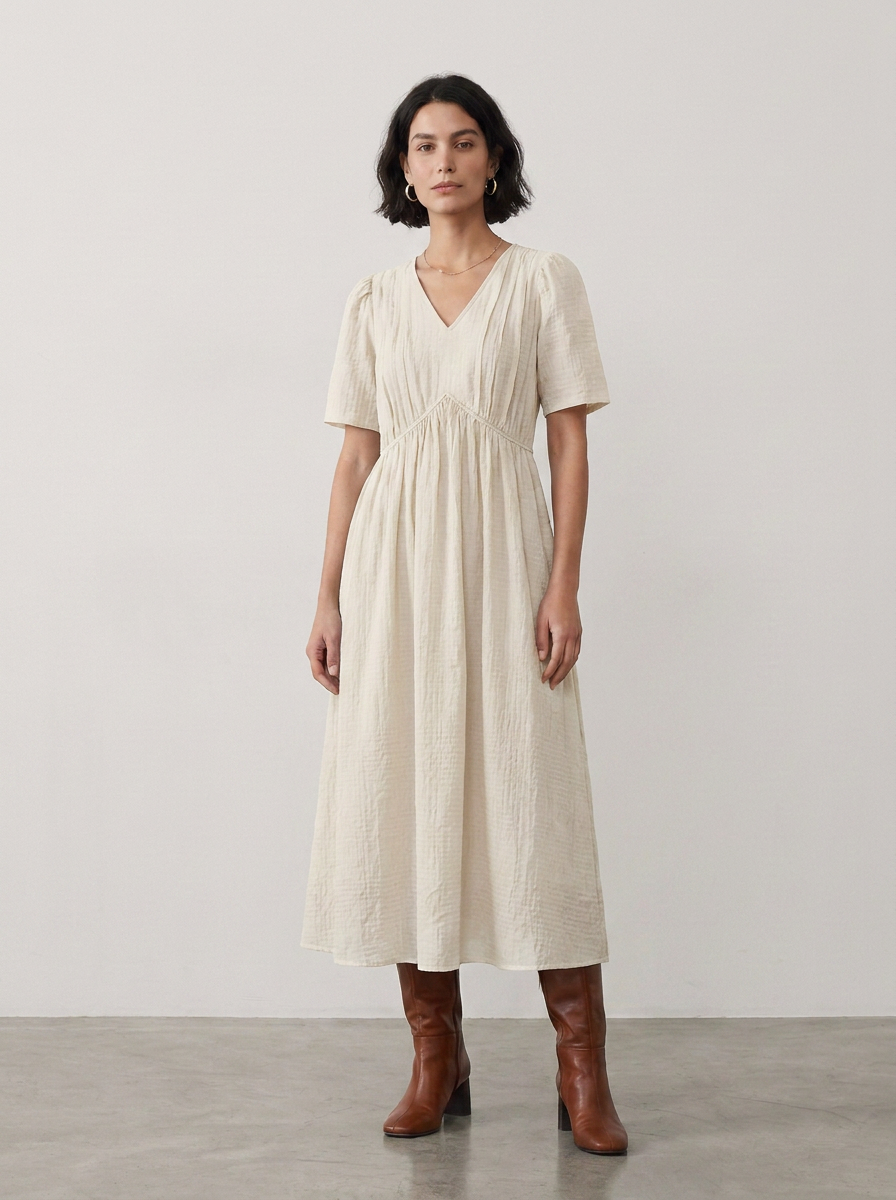 V-Neck Puff Sleeve Midi Dress with Textured Crinkle Fabric in White