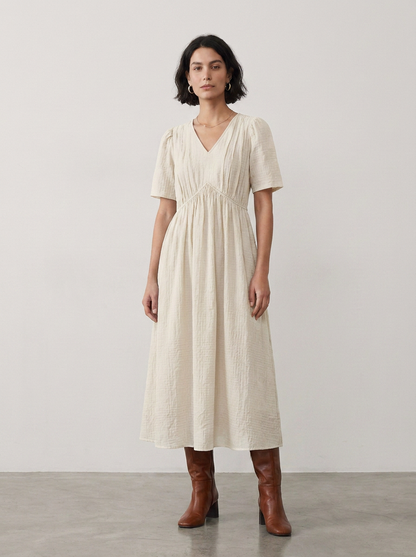 V-Neck Puff Sleeve Midi Dress with Textured Crinkle Fabric in White