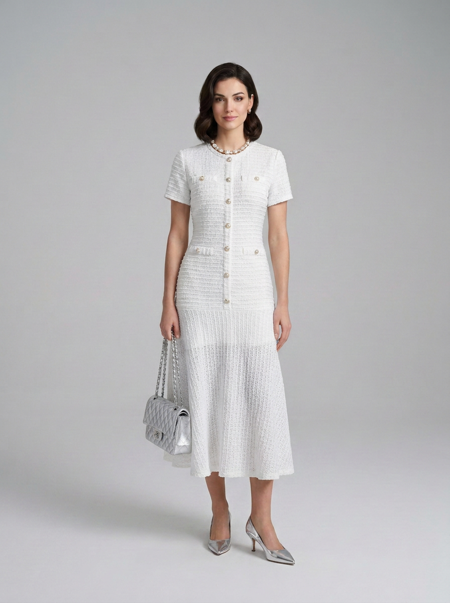 Button-Front Textured Tweed Midi Dress with Tiered Skirt in White