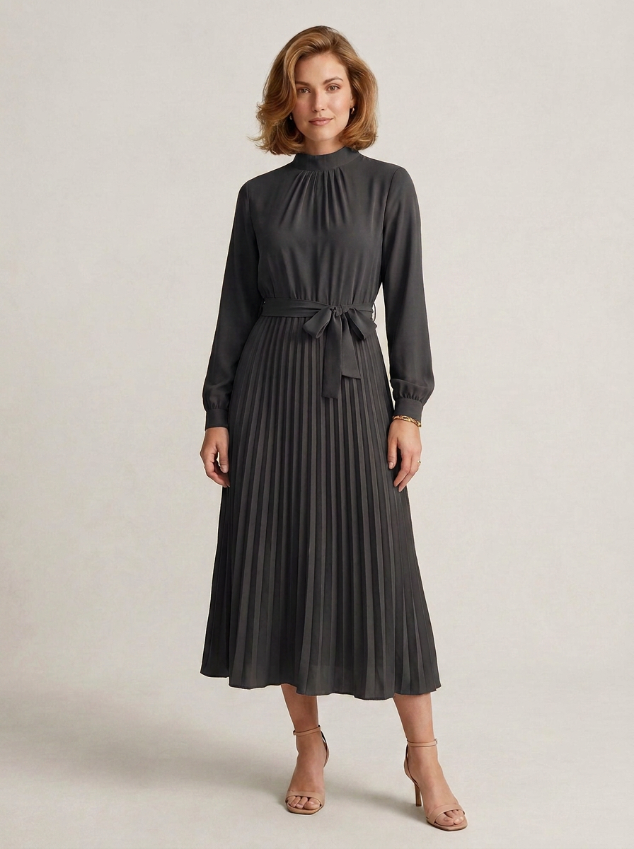 Long Sleeve Pleated Midi Dress with Tie Waist and High Neck in Black