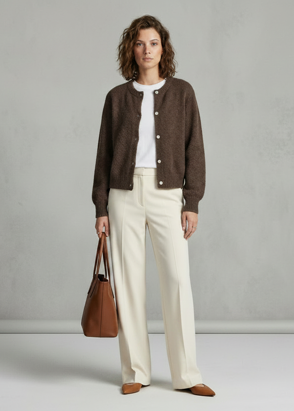 Soft Knit Button-Down Cardigan with Fuzzy Texture and Relaxed Fit in Brown