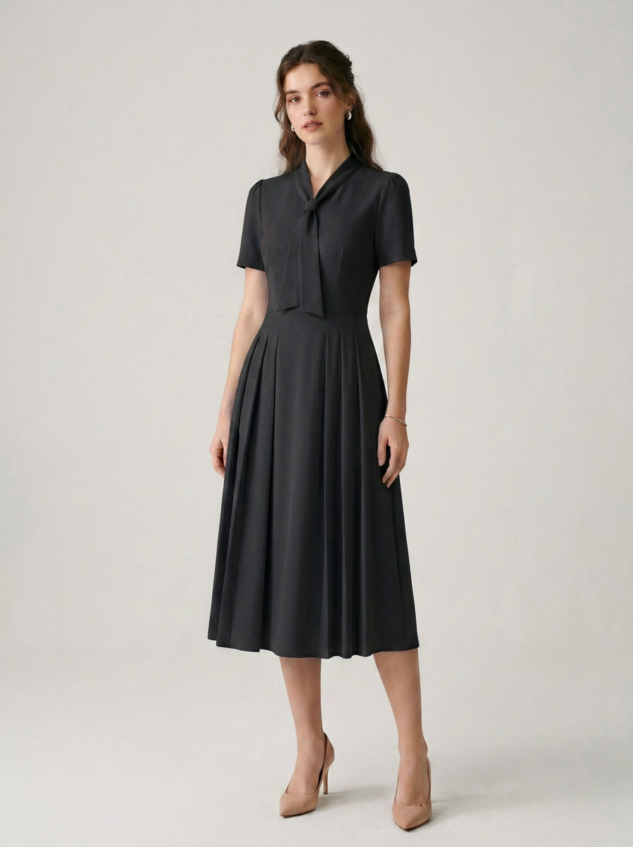Pleated A-Line Midi Dress with Tie Neckline and Short Sleeves in Black