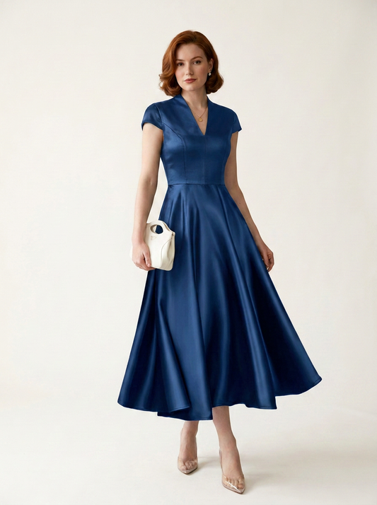 Satin V-Neck Fit and Flare Maxi Party Dress in Navy, front view