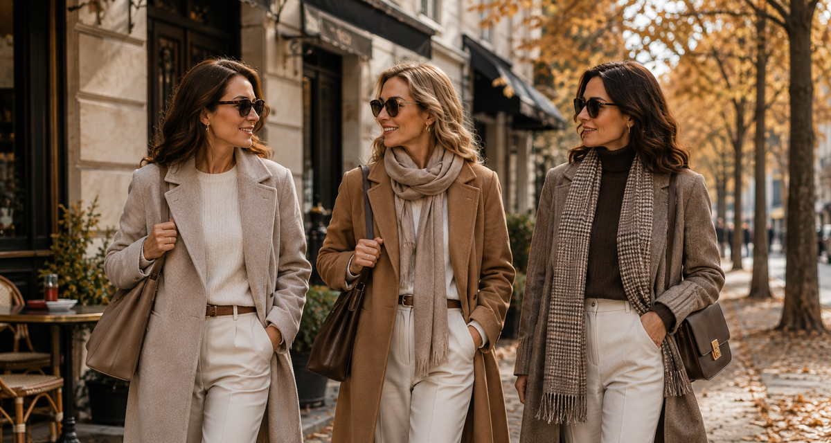 Three women walking outdoors on a city street in autumn, dressed in coordinated beige, brown, and cream outerwear with scarves and sunglasses.