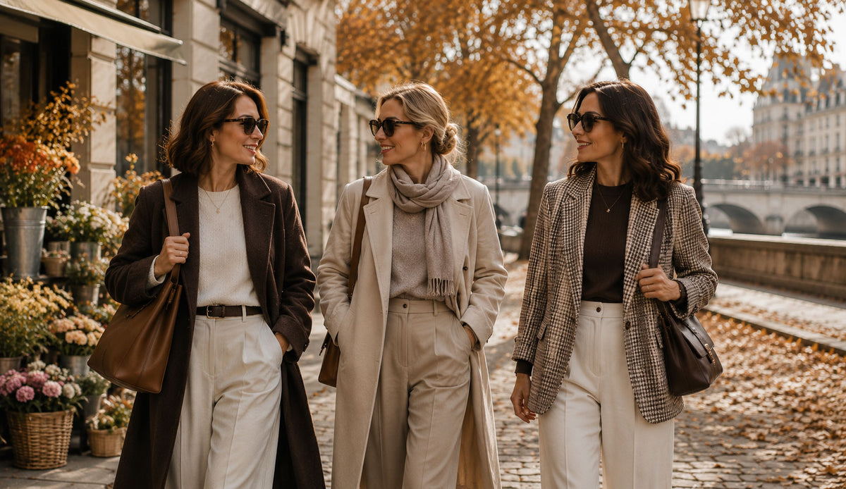Three women walking outdoors on a city street in autumn, dressed in coordinated beige, brown, and cream outerwear with scarves and sunglasses.
