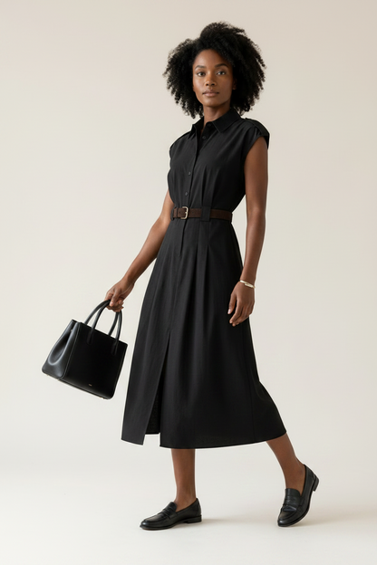 A woman modeling a black sleeveless midi shirt dress with a brown belt, holding a black leather handbag against a plain light beige studio background.