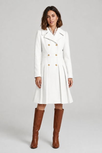 A-Line Double-Breasted Pea Coat with Pleated Skirt and Notched Lapels in White, studio shot (2 of 3)