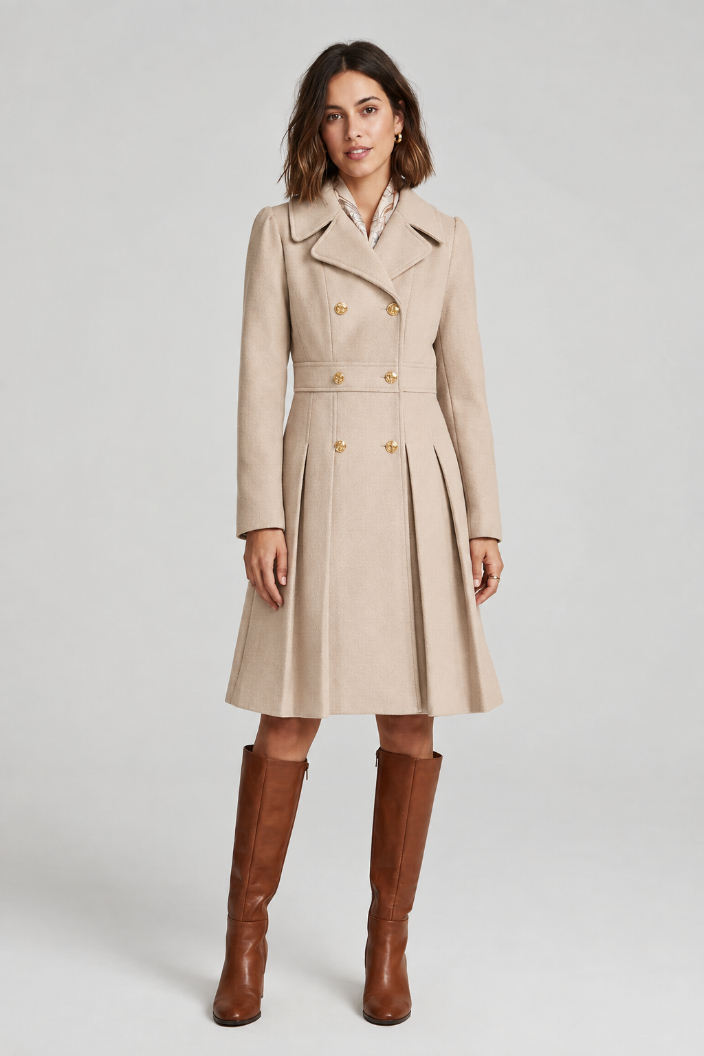 A-Line Double-Breasted Pea Coat with Pleated Skirt and Notched Lapels in Beige, studio shot