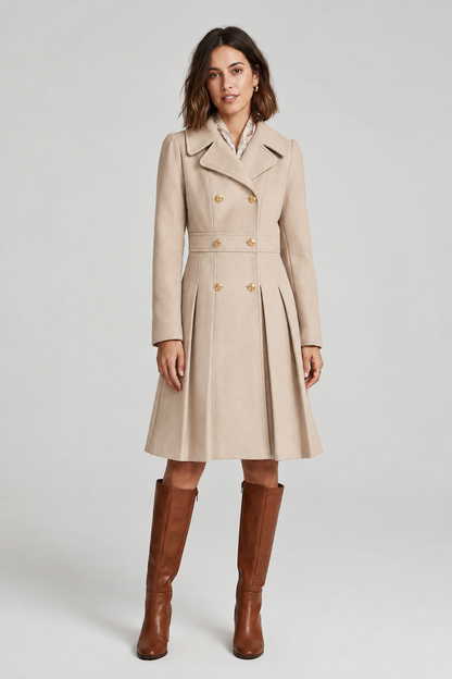 A-Line Double-Breasted Pea Coat with Pleated Skirt and Notched Lapels in Beige, studio shot