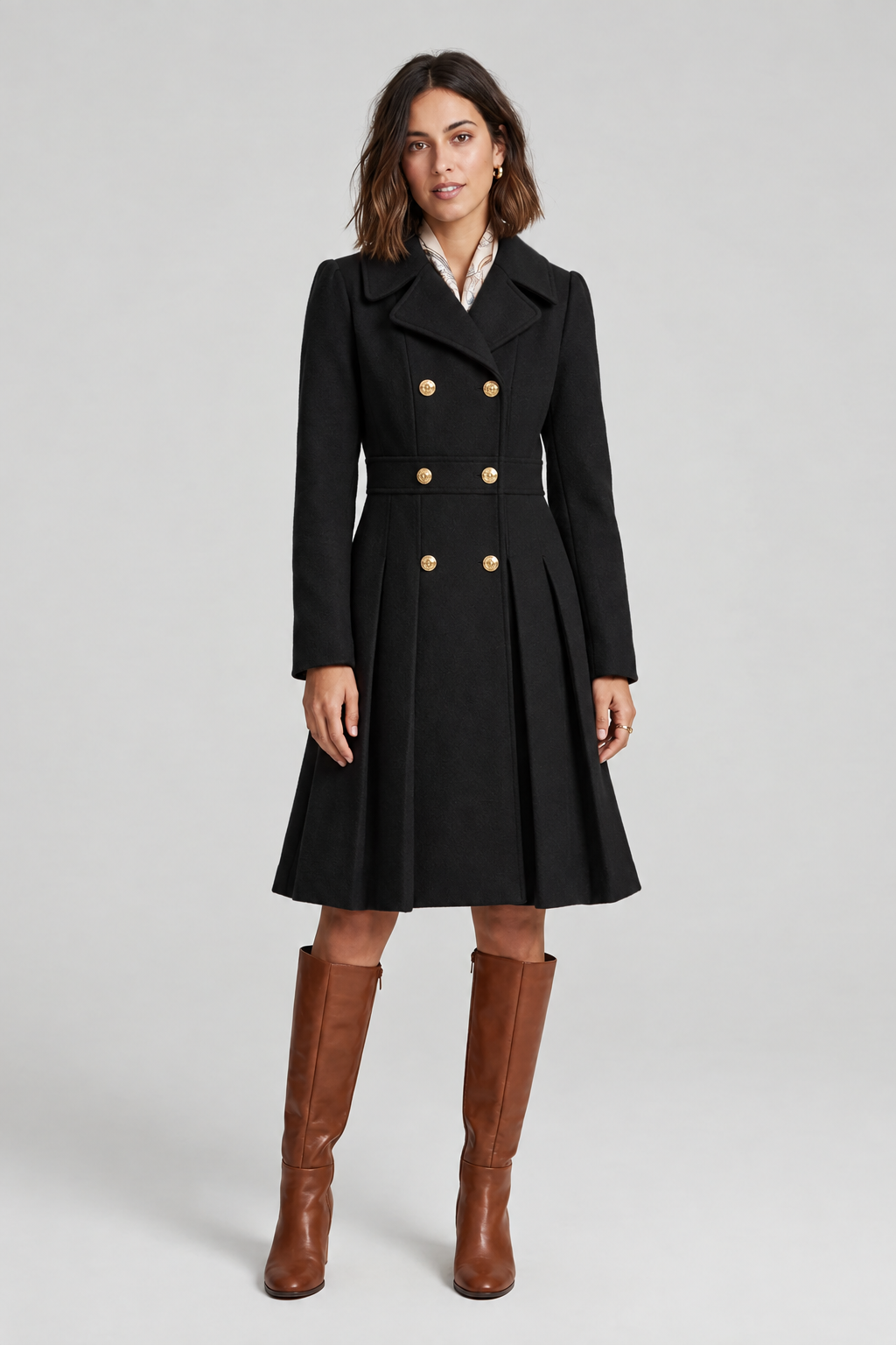 A-Line Double-Breasted Pea Coat with Pleated Skirt and Notched Lapels in Black, studio shot