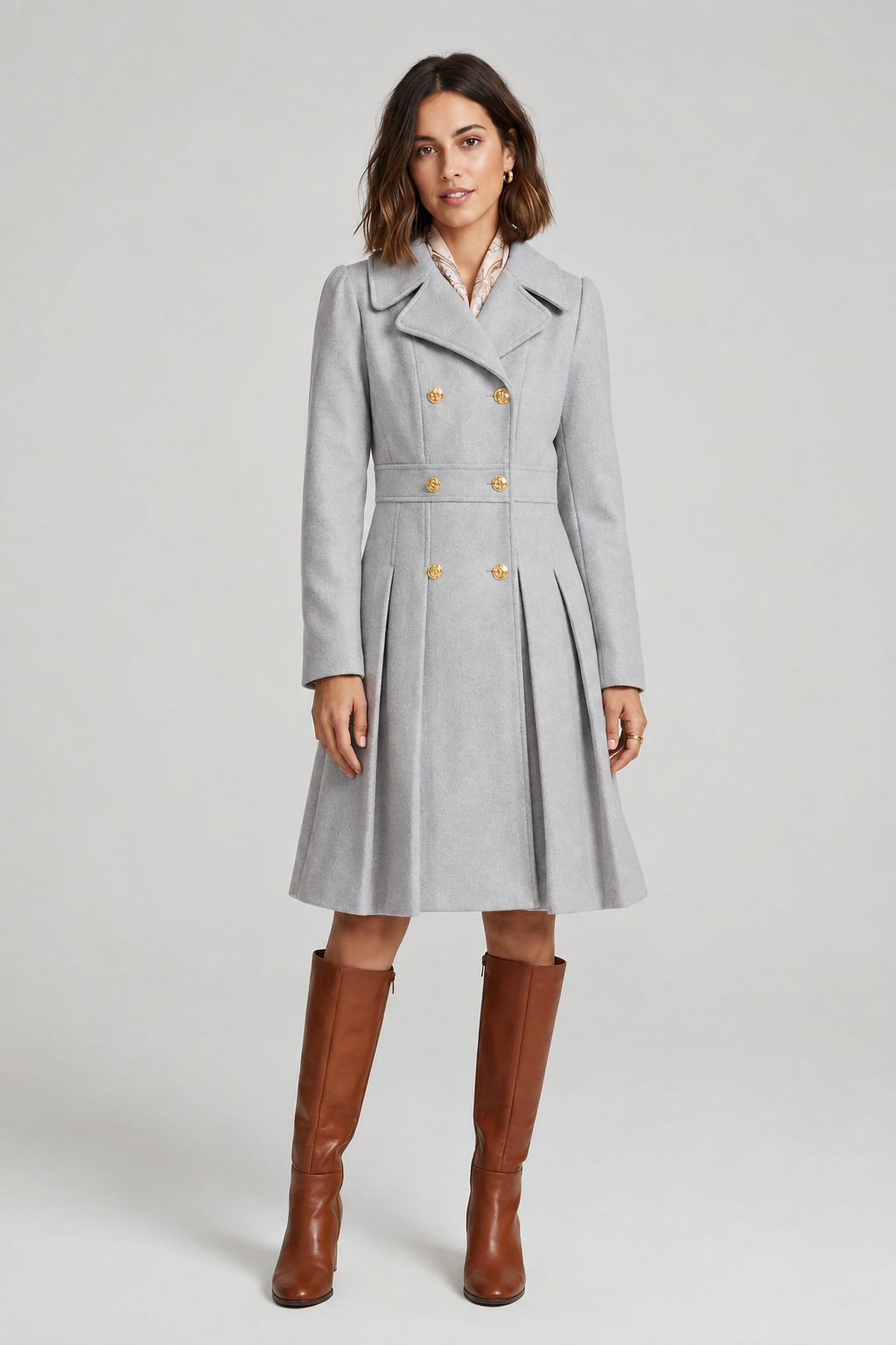 A-Line Double-Breasted Pea Coat with Pleated Skirt and Notched Lapels in Light Gray, studio shot