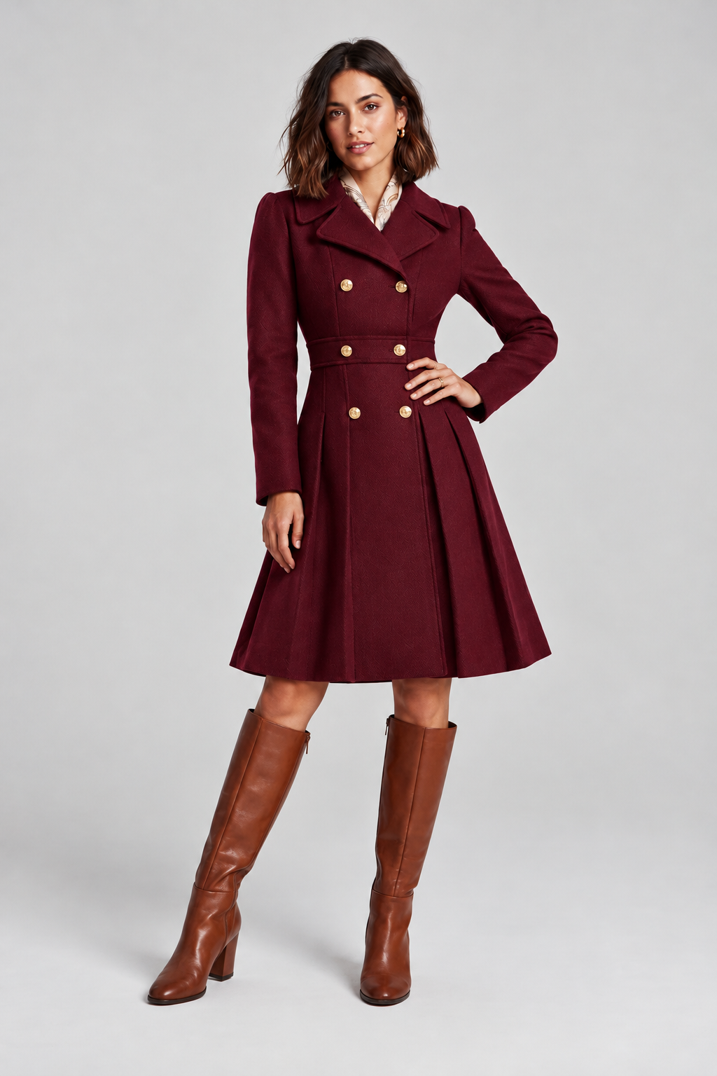 A woman stands against a light gray studio background wearing a knee-length double-breasted coat in deep burgundy with gold-tone buttons, a white collared shirt underneath, and tall brown knee-high boots.