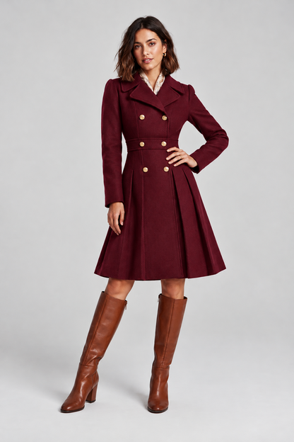 A woman stands against a light gray studio background wearing a knee-length double-breasted coat in deep burgundy with gold-tone buttons, a white collared shirt underneath, and tall brown knee-high boots.