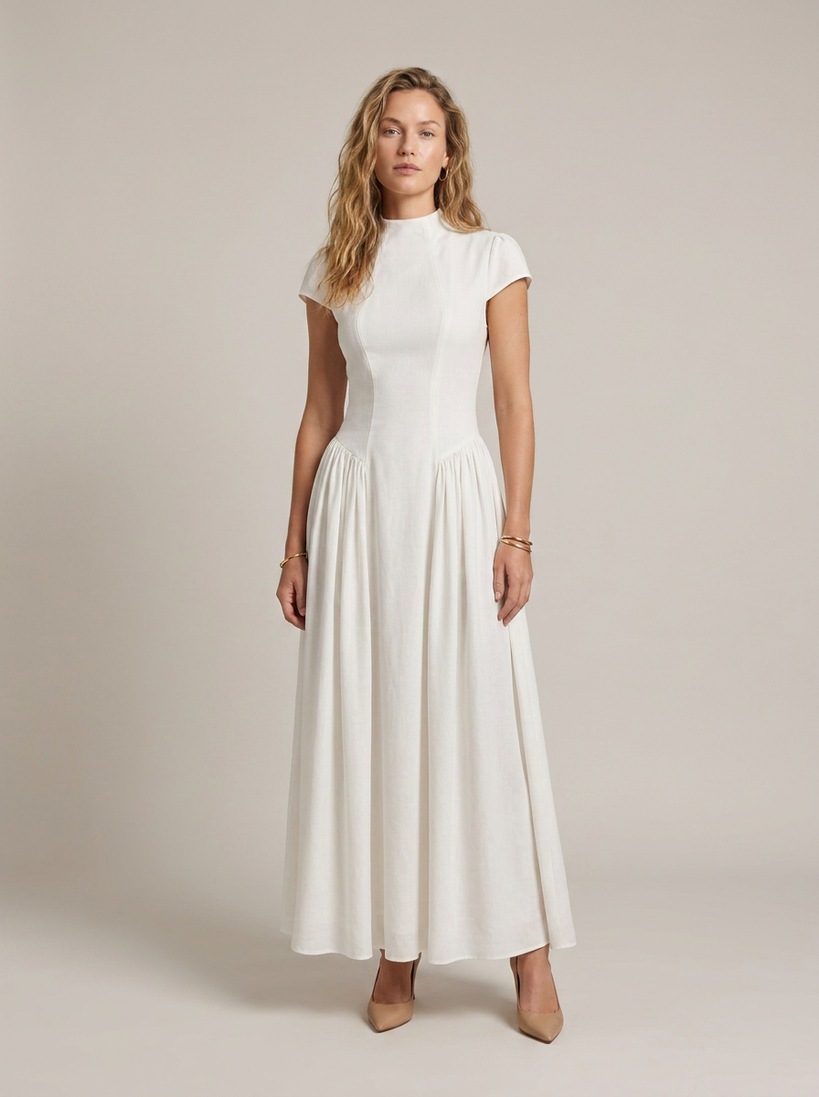A woman modeling a white high-neck, short-sleeved maxi dress with a gathered waist, standing against a solid light beige studio background.