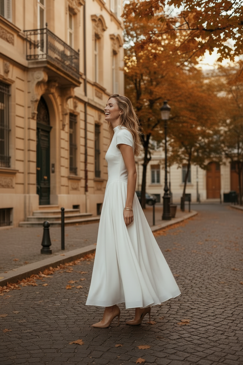 A woman wearing a short-sleeve, high-neck, floor-length white dress stands on a cobblestone street in front of a historic beige building with autumn trees in the background.