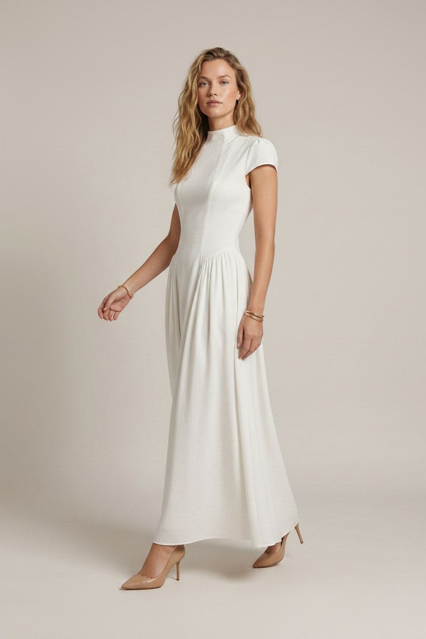 A-Line High Neck Midi Dress with Cinched Waist and Cap Sleeves, walking pose