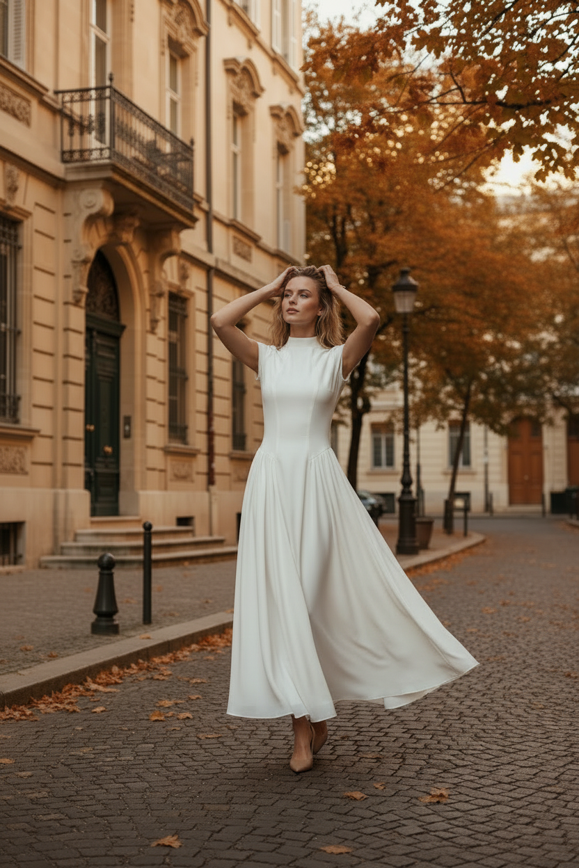 A woman wearing a short-sleeve, high-neck, floor-length white dress stands on a cobblestone street in front of a historic beige building with autumn trees in the background.