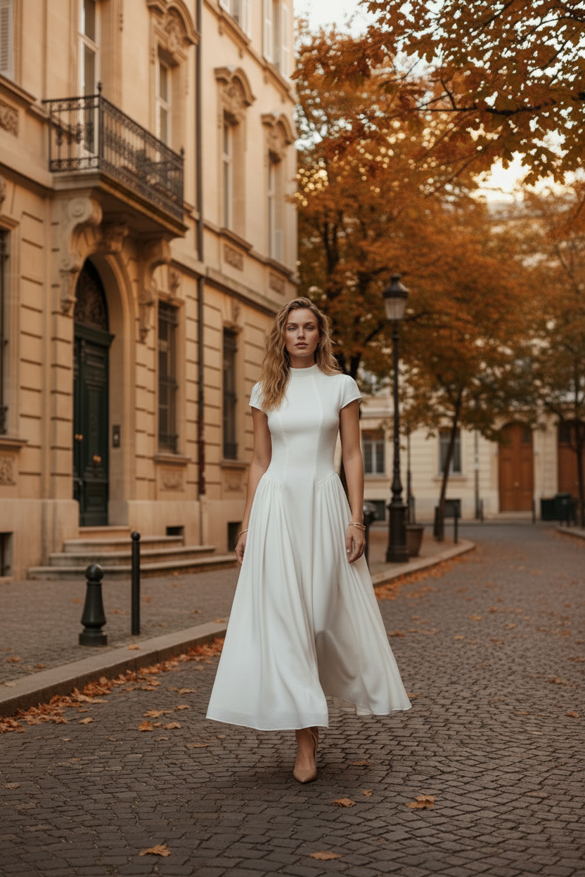 A woman modeling a white high-neck, short-sleeved maxi dress with a gathered waist, standing against a solid light beige studio background.