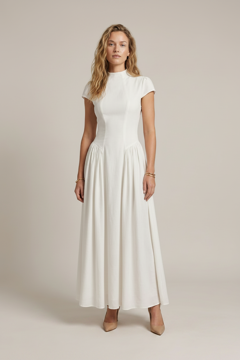 A woman modeling a white high-neck, short-sleeved maxi dress with a gathered waist, standing against a solid light beige studio background.