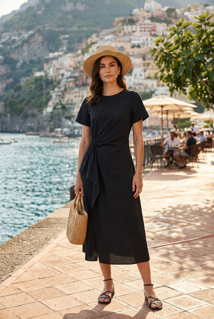 A woman modeling a black midi dress with short sleeves and a twisted waist detail, styled with a straw hat, a woven tote bag, and black strappy sandals against a light gray studio background.