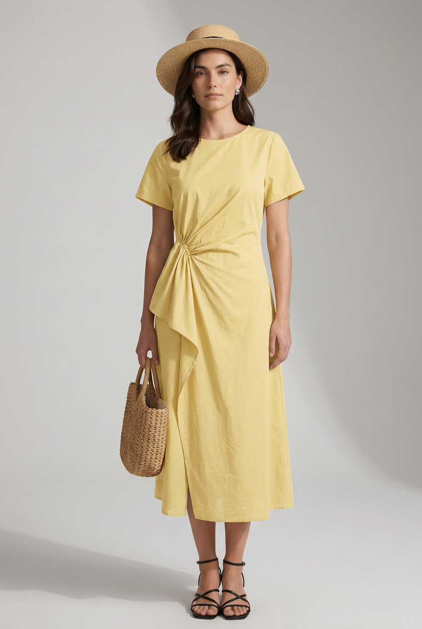 A-Line Midi Dress with Asymmetric Cinched Waist in Yellow, studio shot