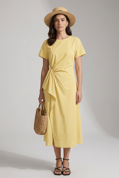 A-Line Midi Dress with Asymmetric Cinched Waist in Yellow, studio shot
