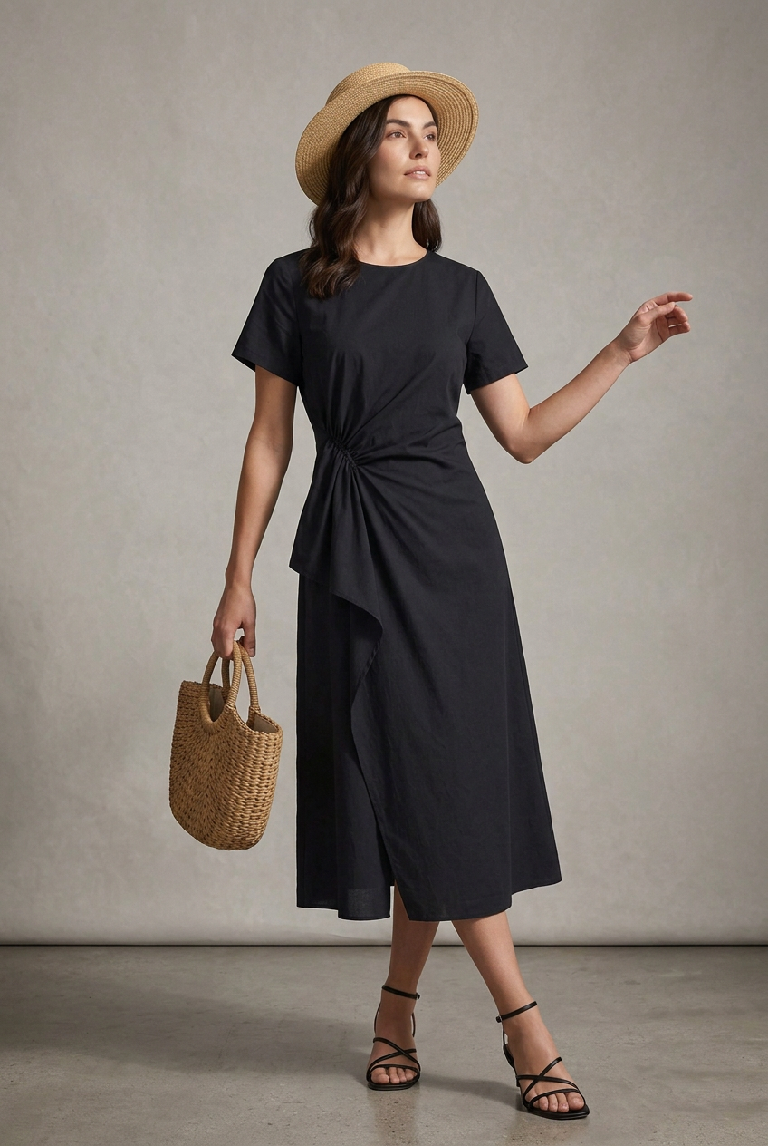 A woman modeling a black midi dress with short sleeves and a twisted waist detail, styled with a straw hat, a woven tote bag, and black strappy sandals against a light gray studio background.