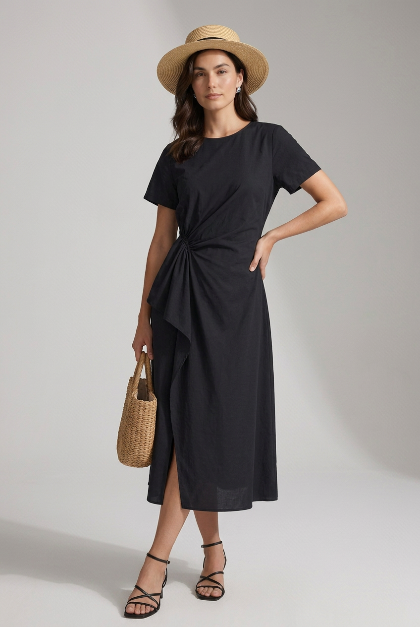 A woman modeling a black midi dress with short sleeves and a twisted waist detail, styled with a straw hat, a woven tote bag, and black strappy sandals against a light gray studio background.