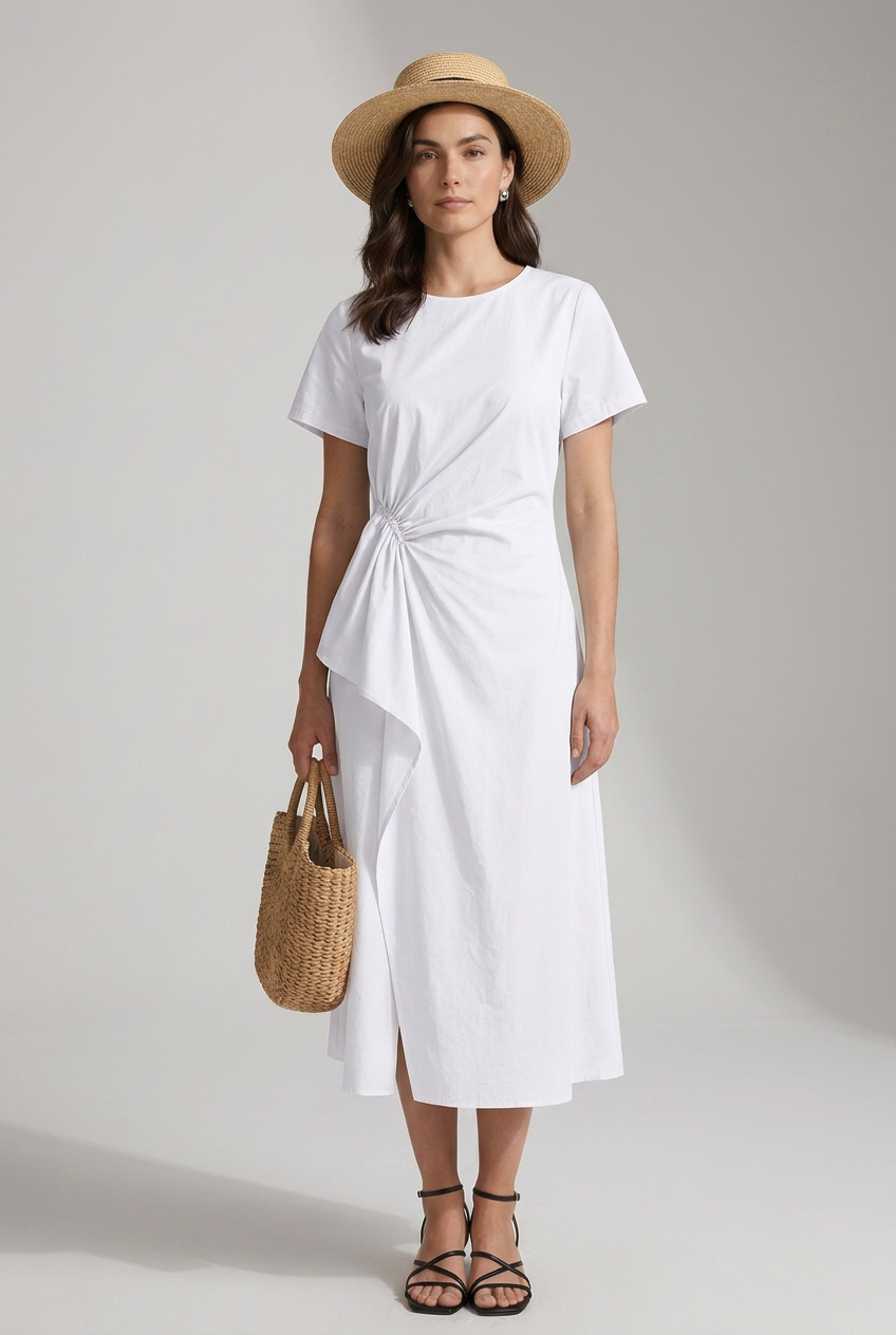 A-Line Midi Dress with Asymmetric Cinched Waist in Ivory, studio shot