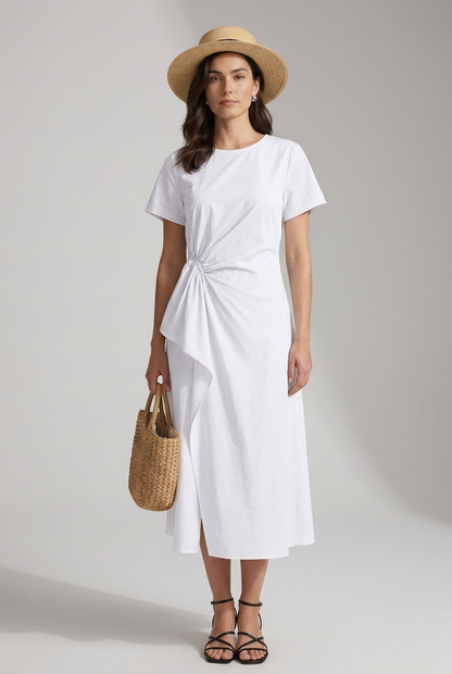 A-Line Midi Dress with Asymmetric Cinched Waist in Ivory, studio shot