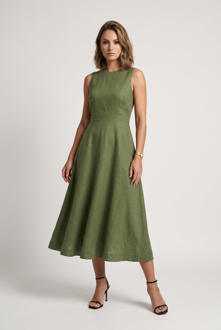 A woman modeling a sleeveless olive green midi dress with a high neckline and flared skirt, paired with black strappy high-heeled sandals against a light gray studio background.