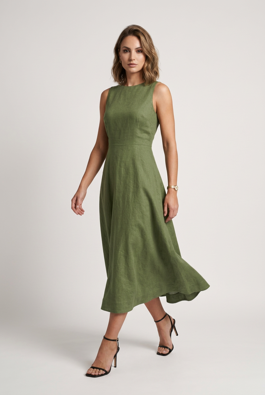 A woman modeling a sleeveless olive green midi dress with a high neckline and flared skirt, paired with black strappy high-heeled sandals against a light gray studio background.