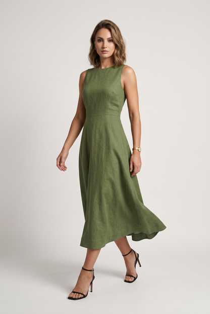 A woman modeling a sleeveless olive green midi dress with a high neckline and flared skirt, paired with black strappy high-heeled sandals against a light gray studio background.